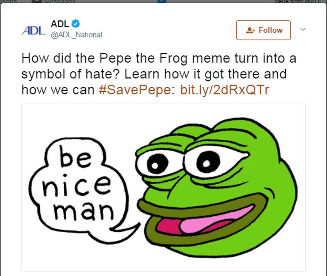 His words. Pepe hate symbol. Pepe nice. Pepe be nice man. Matt Furie save Pepe.