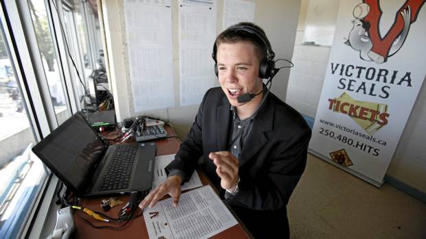 Victoria Seals announcer Mike Walker, 22, in the press box at Royal Athletic Park on July 25. (Deddeda Stemler for The Globe and Mail)